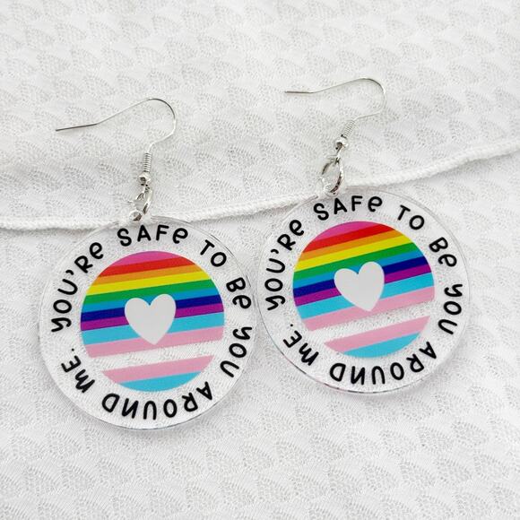 You're Safe To Be You Around Me Earrings, Rainbow Pride Earring, Queer Earrings - Picture 1 of 4